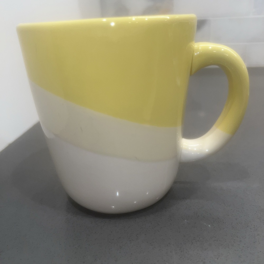 "AT HOME" Yellow White Coffee Mug Cup Stoneware EUC